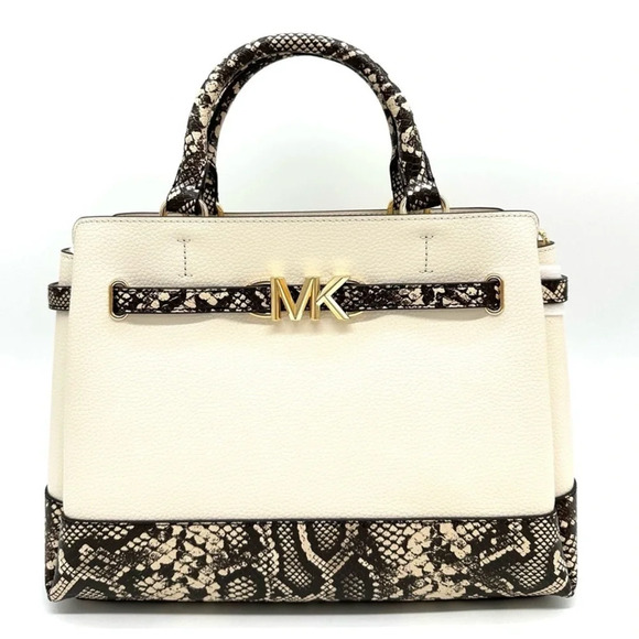 Michael Kors Large Reed Leather Belted Satchel Crossbody Bag Cream Snakeskin - Picture 1 of 12